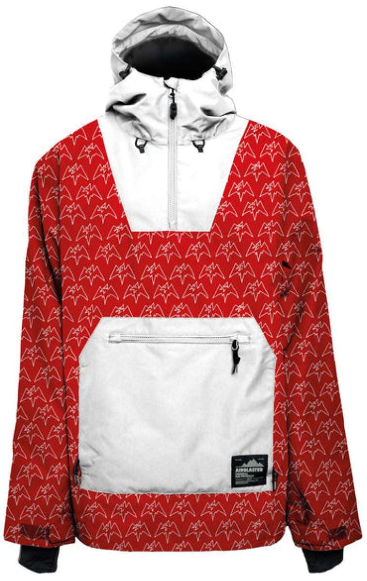 Airblaster Freedom Shell Pullover 2024 - A red pullover with a repeating white logo pattern and a zippered chest pocket.