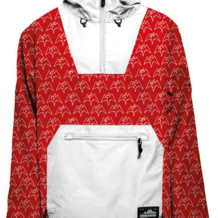 Airblaster Freedom Shell Pullover 2024 - A red pullover with a repeating white logo pattern and a zippered chest pocket.