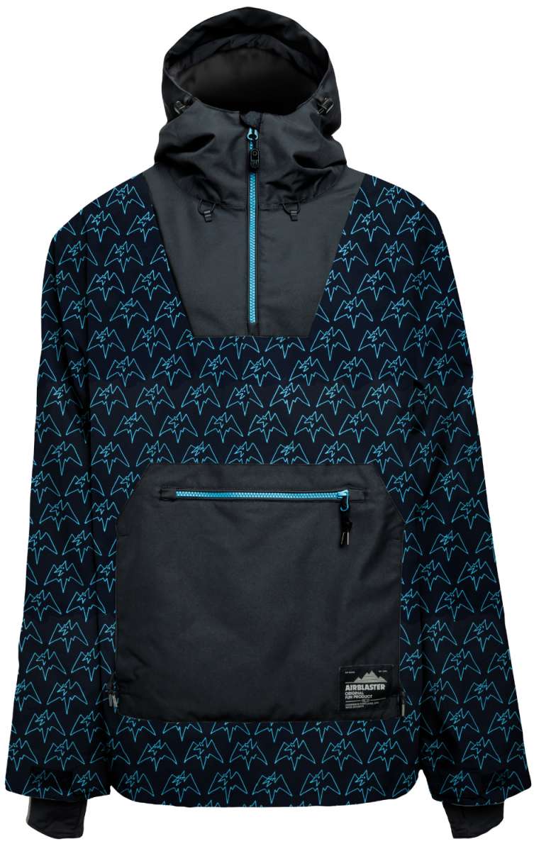 Airblaster Freedom Shell Pullover 2024 - A black pullover with a repeating pattern of light blue mountain peaks and outlines of skiers in action.