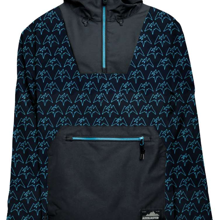 Airblaster Freedom Shell Pullover 2024 - A black pullover with a repeating pattern of light blue mountain peaks and outlines of skiers in action.