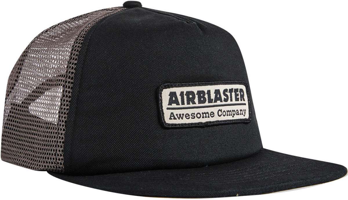 Airblaster Gas Station Trucker Hat 2023 - A black trucker hat with a mesh back and adjustable snapback closure.