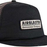 Airblaster Gas Station Trucker Hat 2023 - A black trucker hat with a mesh back and adjustable snapback closure.