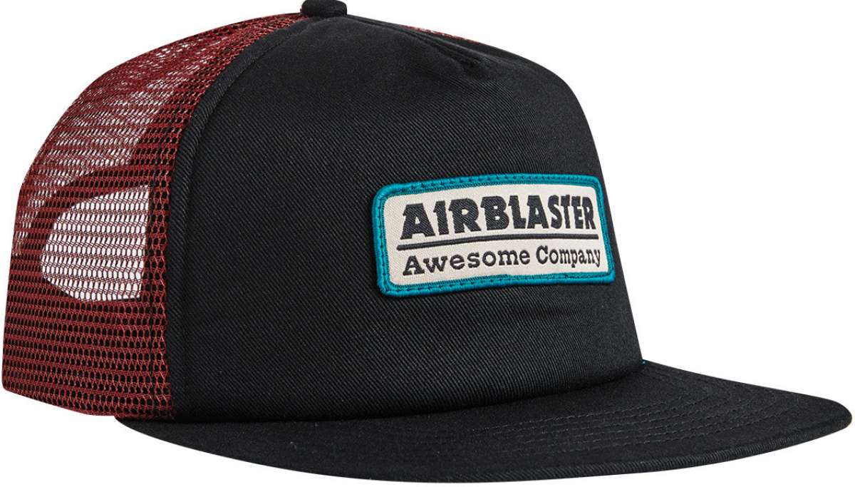 Airblaster Gas Station Trucker Hat 2023 - A black trucker hat with a white patch and blue outline, featuring the words "AIRBLASTER" in bold black letters above smaller black text that reads "Awesome Company".