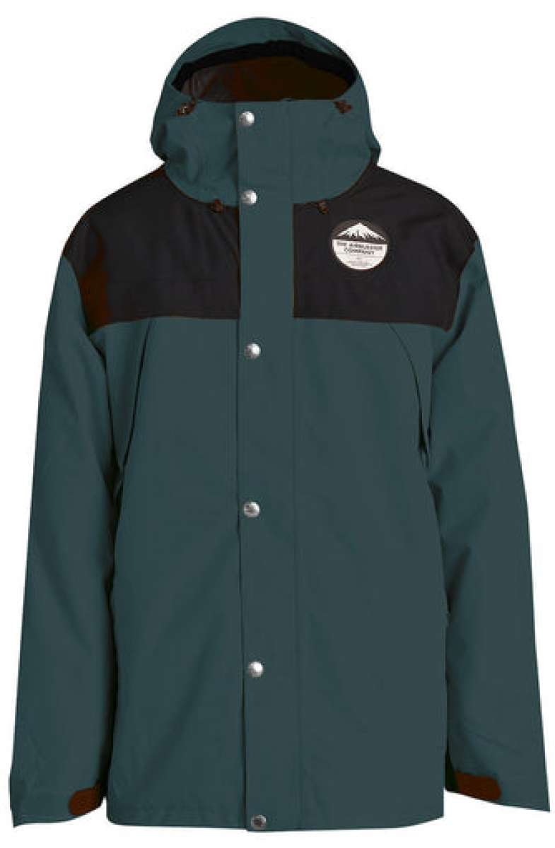 Airblaster Guide Shell Jacket 2024 - A dark green jacket with a black chest panel and brown accents on the shoulders, featuring a mountain graphic patch on the left chest.