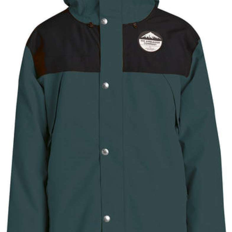 Airblaster Guide Shell Jacket 2024 - A dark green jacket with a black chest panel and brown accents on the shoulders, featuring a mountain graphic patch on the left chest.