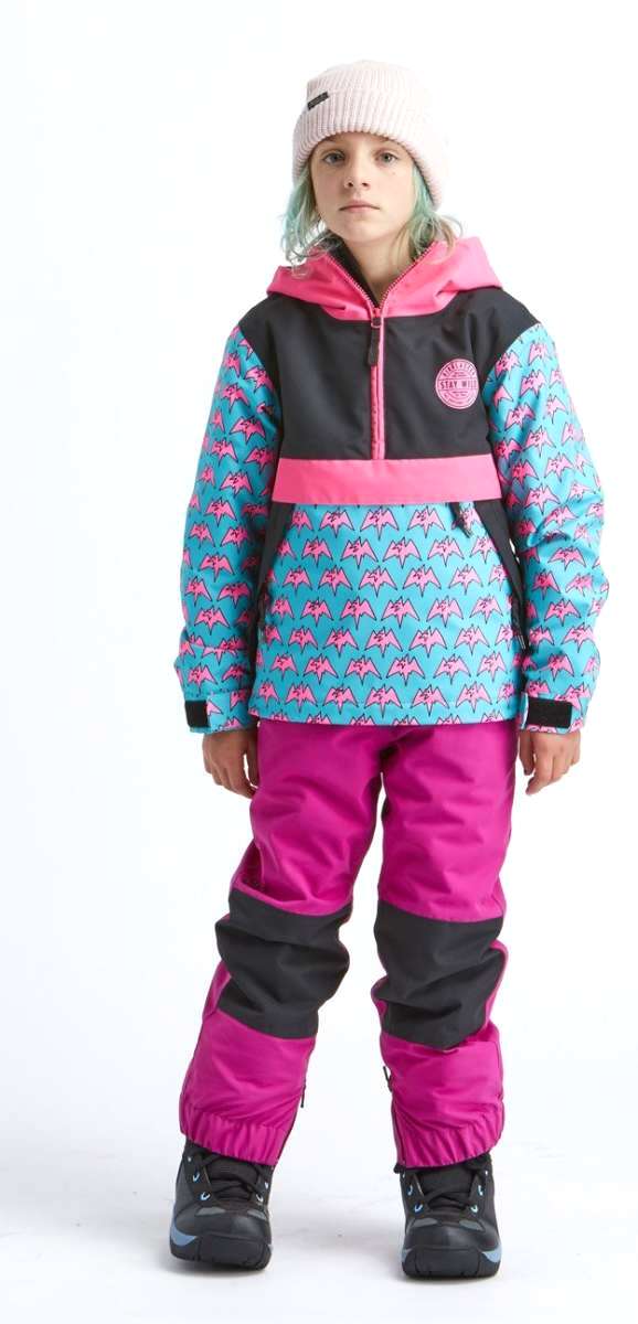 Boss Insulated Pant - A pair of snow pants with a repeating pattern of pink and blue triangles on a light blue background.
