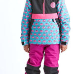 Boss Insulated Pant - A pair of snow pants with a repeating pattern of pink and blue triangles on a light blue background.