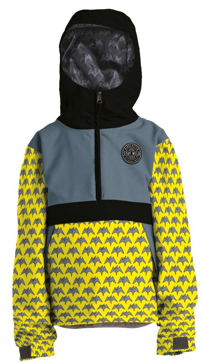 Airblaster Junior's Trenchover Insulated Jacket 2022 - A black and grey jacket with a hood, featuring a pattern of small white snowflakes on the back.
