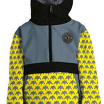 Airblaster Junior's Trenchover Insulated Jacket 2022 - A black and grey jacket with a hood, featuring a pattern of small white snowflakes on the back.