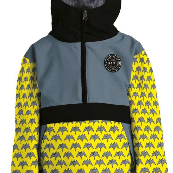 Airblaster Junior's Trenchover Insulated Jacket 2022 - A black and grey jacket with a hood, featuring a pattern of small white snowflakes on the back.