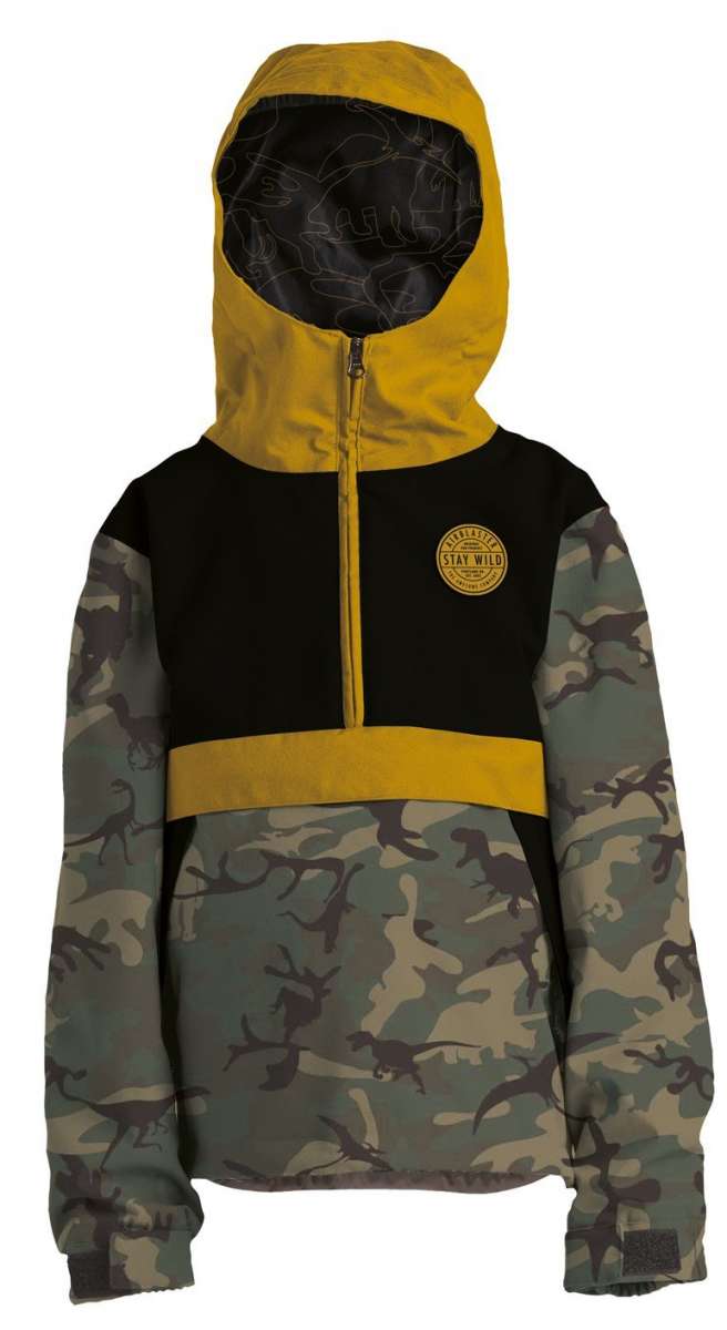 Airblaster Junior's Trenchover Insulated Jacket 2022 - A black and grey camouflage insulated jacket with a hood, featuring a zipper closure at the front.