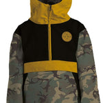 Airblaster Junior's Trenchover Insulated Jacket 2022 - A black and grey camouflage insulated jacket with a hood, featuring a zipper closure at the front.