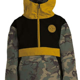 Airblaster Junior's Trenchover Insulated Jacket 2022 - A black and grey camouflage insulated jacket with a hood, featuring a zipper closure at the front.