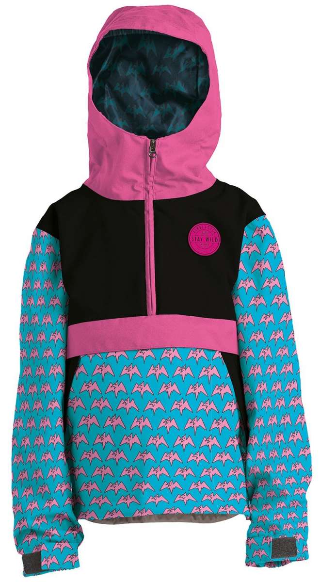 Airblaster Junior's Trenchover Insulated Jacket 2022 - A black jacket with a pink zipper and logo on the chest, featuring a repeating pattern of pink bats on a teal background.
