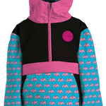 Airblaster Junior's Trenchover Insulated Jacket 2022 - A black jacket with a pink zipper and logo on the chest, featuring a repeating pattern of pink bats on a teal background.