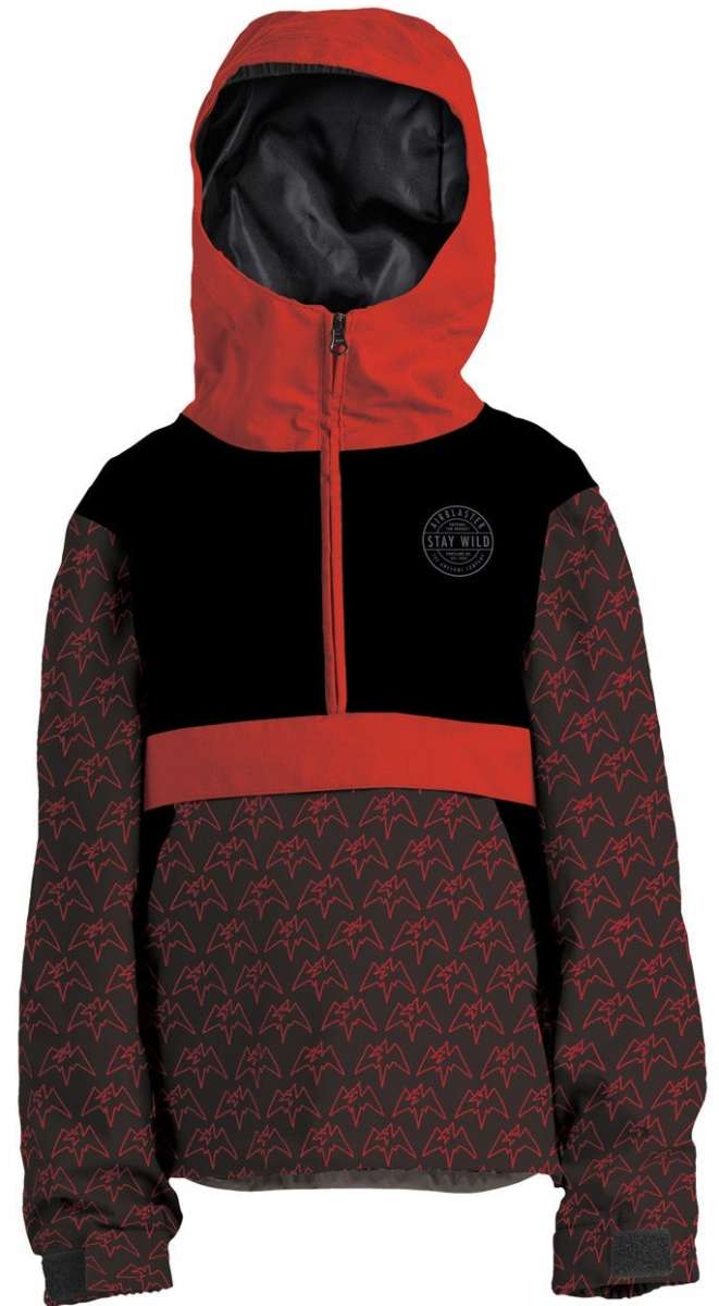 Airblaster Junior's Trenchover Pullover Shell Jacket 2023 - A black jacket with a red zipper and logo on the chest, featuring a pattern of small red mountains against a dark gray background.