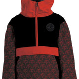 Airblaster Junior's Trenchover Pullover Shell Jacket 2023 - A black jacket with a red zipper and logo on the chest, featuring a pattern of small red mountains against a dark gray background.