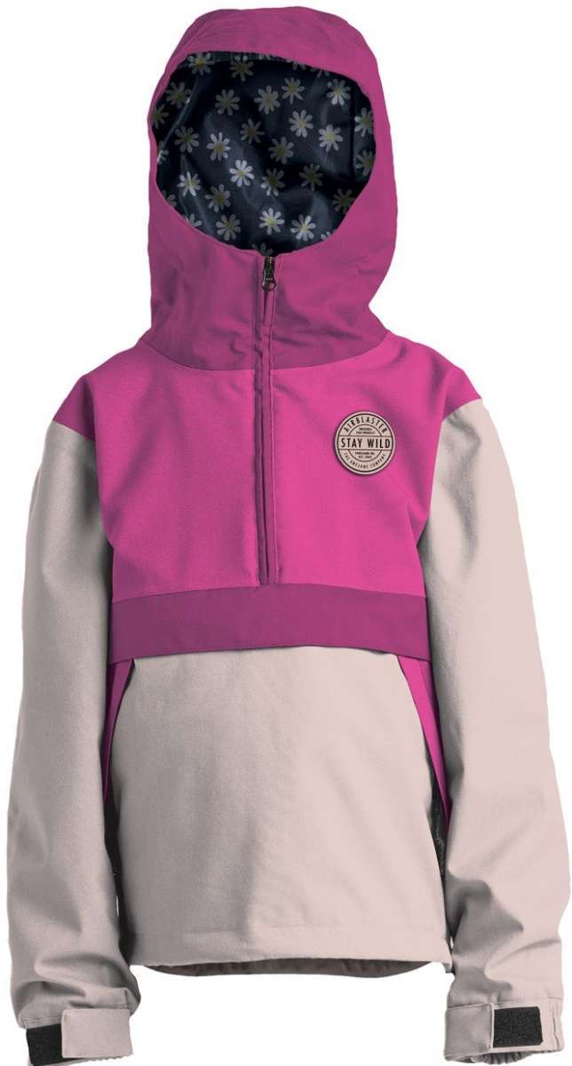 Airblaster Junior's Trenchover Pullover Shell Jacket 2023 - A pink and grey pullover jacket with a hood, featuring a zipper closure at the front.