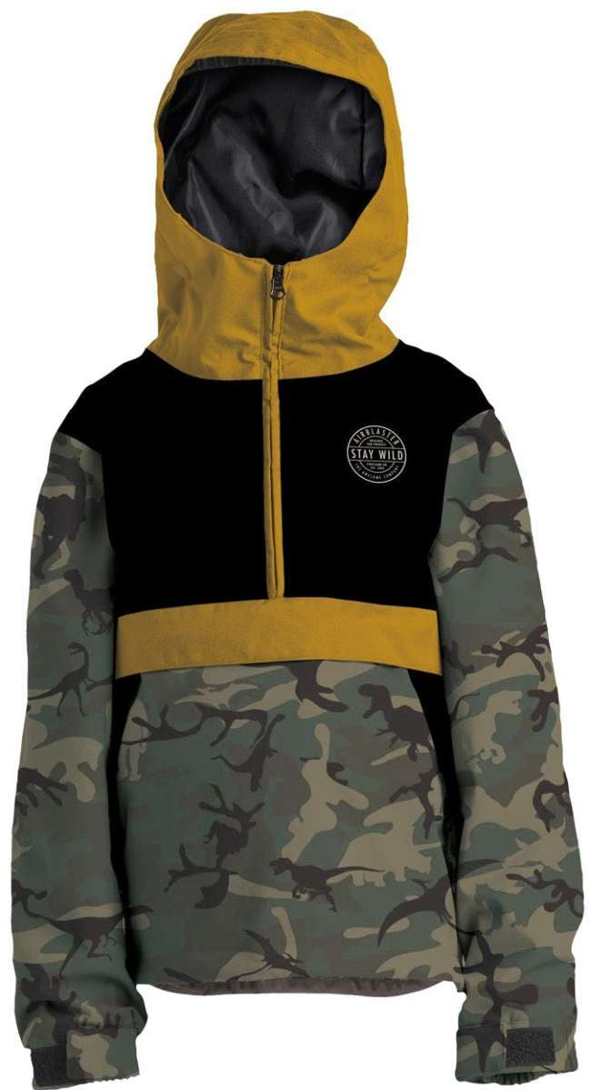 Airblaster Junior's Trenchover Pullover Shell Jacket 2023 - A black and grey camouflage pullover jacket with a hood.