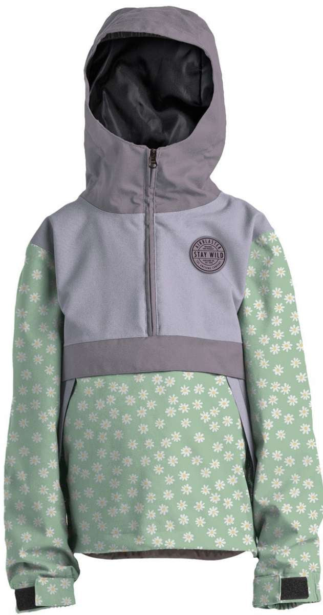 Airblaster Junior's Trenchover Pullover Shell Jacket 2023 - A light gray jacket with a darker gray stripe across the chest and hood.