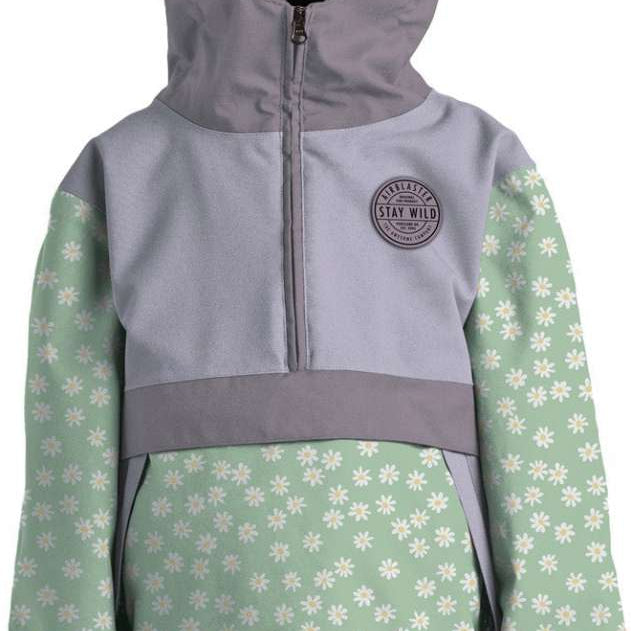 Airblaster Junior's Trenchover Pullover Shell Jacket 2023 - A light gray jacket with a darker gray stripe across the chest and hood.