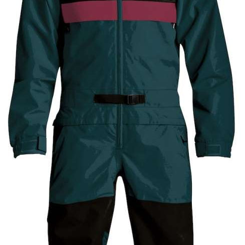 Airblaster Kook Shell Suit 2024 - Black jacket with red and white stripes on sleeves, black pants with red stripe down side.