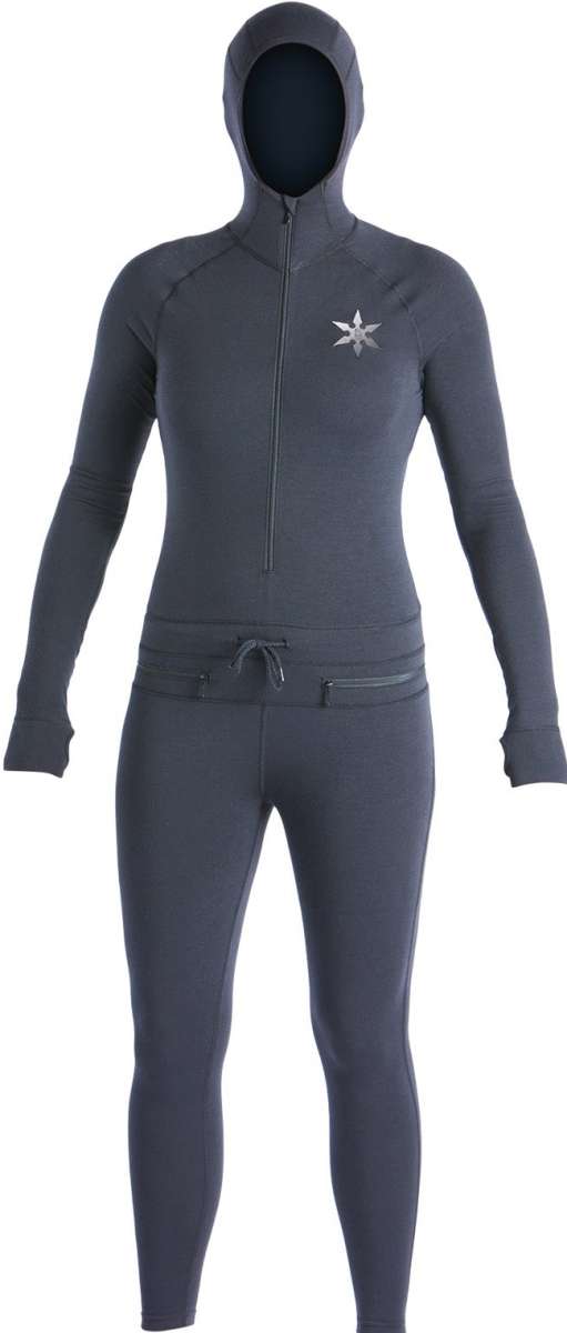 Airblaster Women's Classic Ninja Suit 2023 - A dark gray women's full-body suit with a hood and zipper down the front.