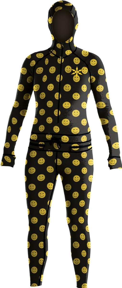 Airblaster Women's Classic Ninja Suit 2023 - Black suit with yellow smiley faces all over.