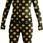 Airblaster Women's Classic Ninja Suit 2023 - Black suit with yellow smiley faces all over.