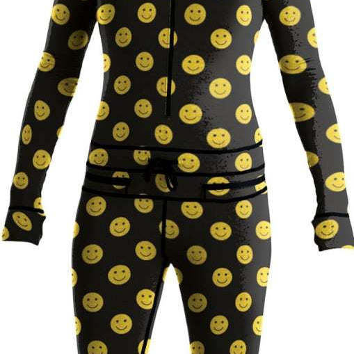 Airblaster Women's Classic Ninja Suit 2023 - Black suit with yellow smiley faces all over.