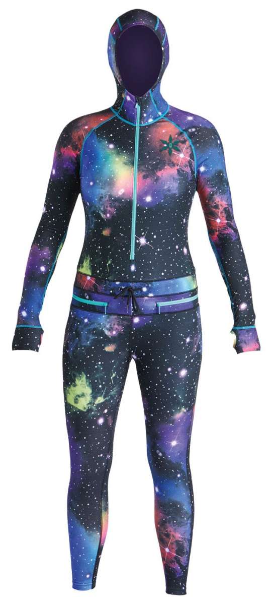 Airblaster Women's Classic Ninja Suit 2024 - Black suit with neon green accents and a galaxy print.