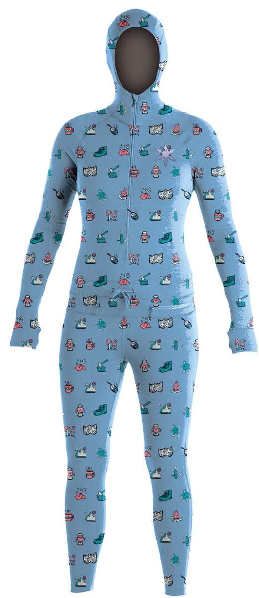 Airblaster Women's Classic Ninja Suit 2024 - Light blue onesie with ninja-themed graphics, including a cartoon ninja head and various weapons.