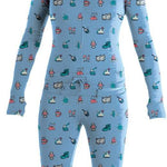 Airblaster Women's Classic Ninja Suit 2024 - Light blue onesie with ninja-themed graphics, including a cartoon ninja head and various weapons.