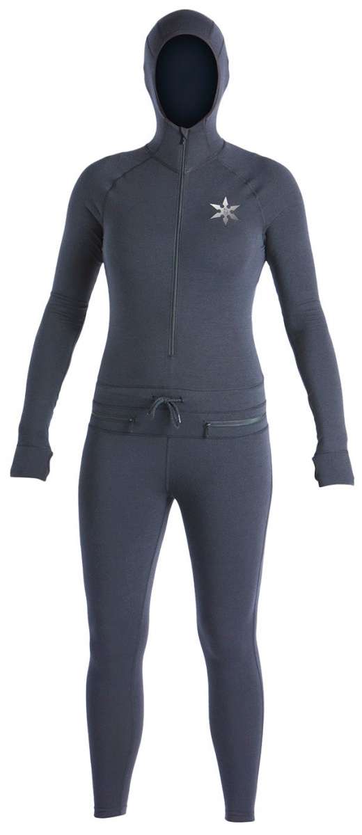 Airblaster Women's Classic Ninja Suit 2024 - A dark gray women's full-body suit with a hood and zipper down the front.