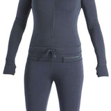 Airblaster Women's Classic Ninja Suit 2024 - A dark gray women's full-body suit with a hood and zipper down the front.