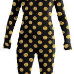 Airblaster Women's Classic Ninja Suit 2024 - Black onesie with yellow smiley faces all over.