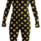 Airblaster Women's Classic Ninja Suit 2024 - Black onesie with yellow smiley faces all over.