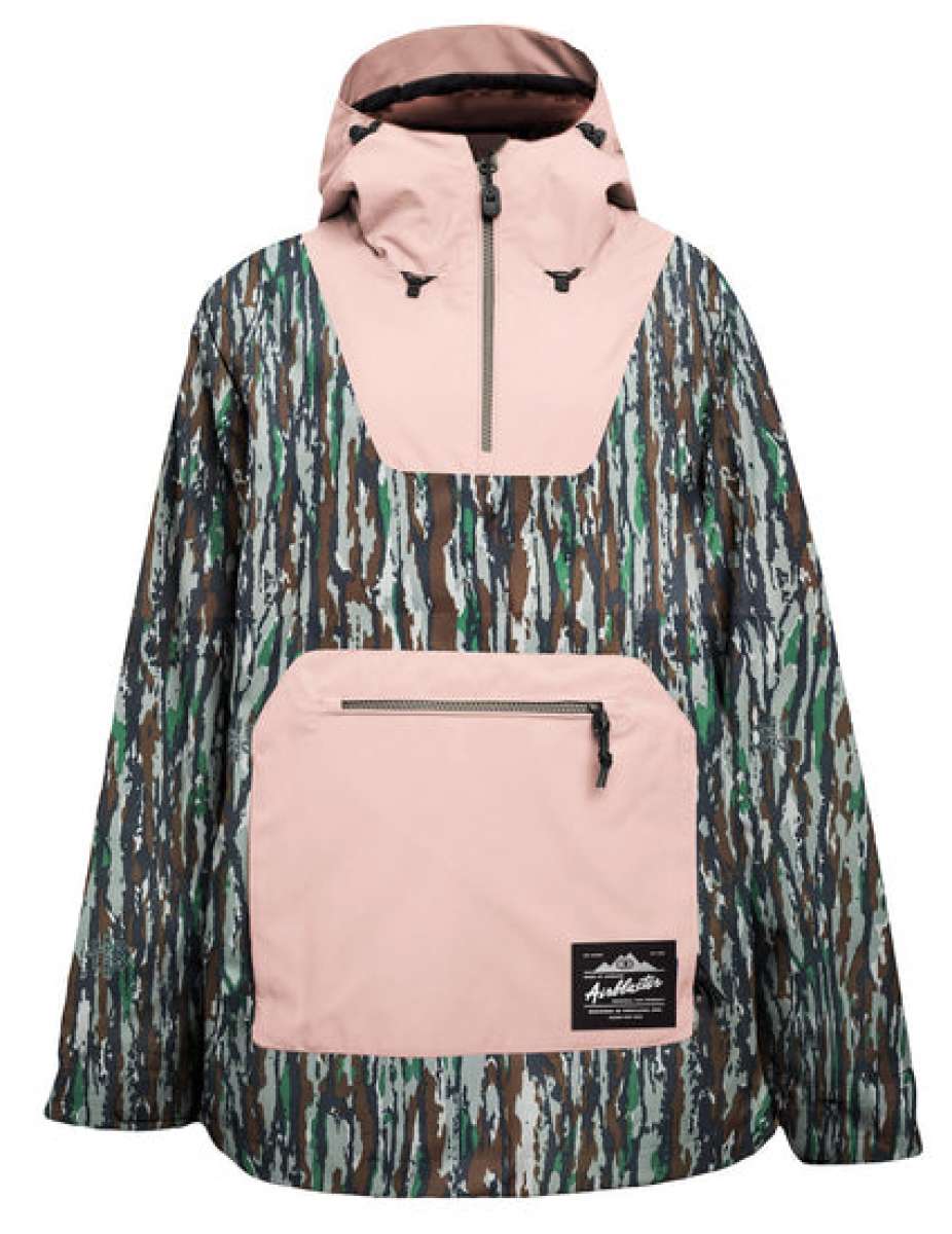 Airblaster Women's Freedom Pull Over Shell Jacket 2024 - A camouflage-printed jacket with a hood and zipper closure.