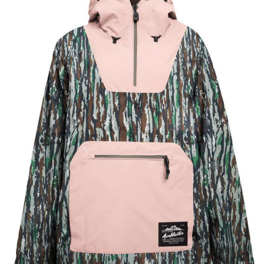Airblaster Women's Freedom Pull Over Shell Jacket 2024 - A camouflage-printed jacket with a hood and zipper closure.