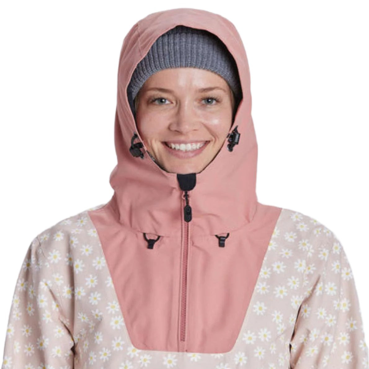 Airblaster Women's Freedom Pull Over Shell Jacket 2024 - A dusty rose-colored jacket with a hood and black zipper.