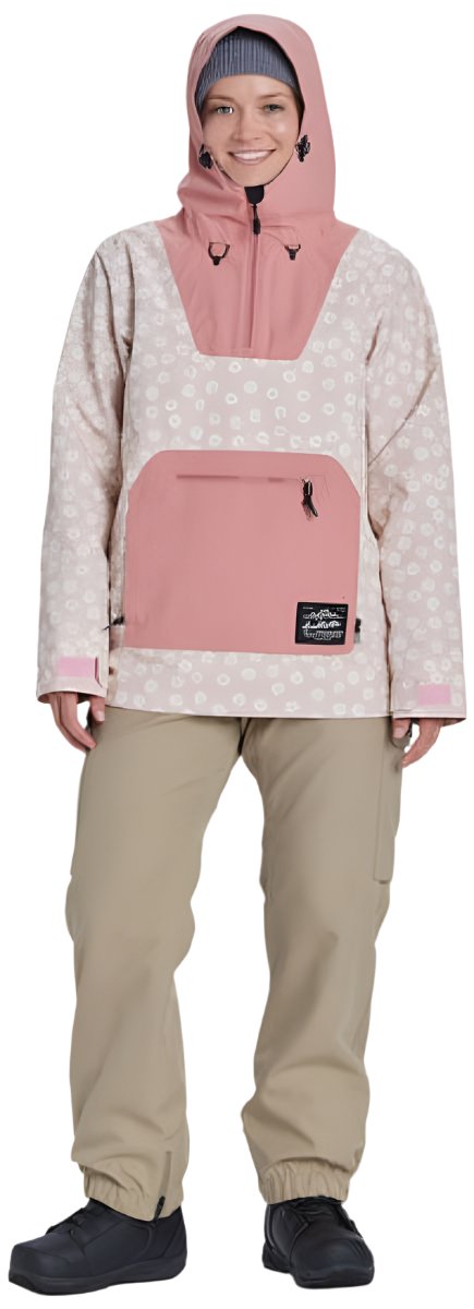 Airblaster Women's Freedom Pull Over Shell Jacket 2024 - A light pink jacket with a subtle leopard print pattern and black hardware.
