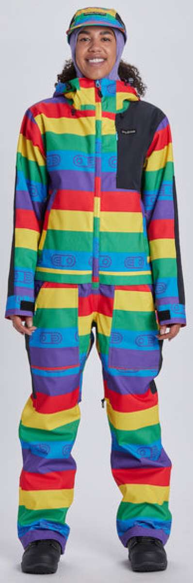 Airblaster Women's Freedom Stretch Suit 2024 - Black snowsuit with white logo on chest and black straps on shoulders.