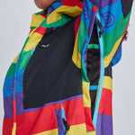 Airblaster Women's Freedom Stretch Suit 2024 - A black, red, yellow, green, and purple suit with a geometric pattern.