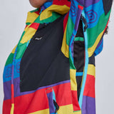 Airblaster Women's Freedom Stretch Suit 2024 - A black, red, yellow, green, and purple suit with a geometric pattern.