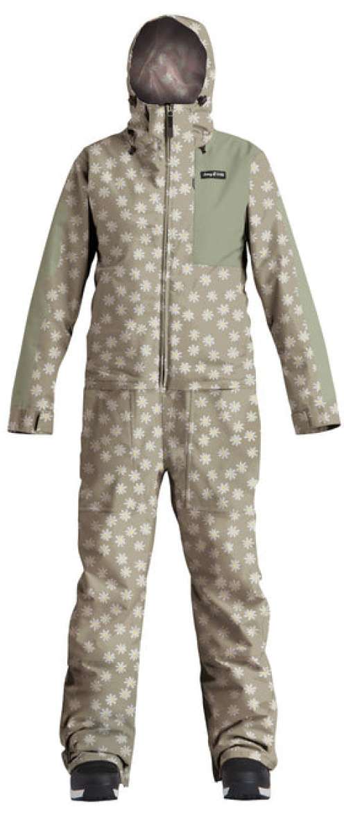 Airblaster Women's Freedom Stretch Suit 2024 - Black snowsuit with white logo on chest and black zipper down front.