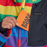 Airblaster Women's Freedom Stretch Suit 2024 - A black, red, and purple snowsuit with a geometric pattern.