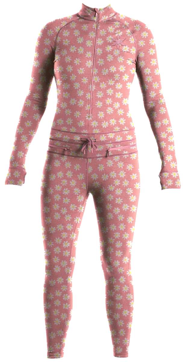 Airblaster Women's Hoodless Ninja Suit 2022-2023 - Pink snowboarding suit with a repeating pattern of small white flowers and yellow centers.