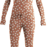 Airblaster Women's Hoodless Ninja Suit 2024 - Tan snowsuit with white flower pattern and zipper down front.