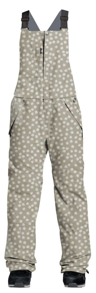 Airblaster Women's Hot Shell Bib Pant 2024 - Light gray bib pants with a repeating pattern of small white flowers and snowflakes.