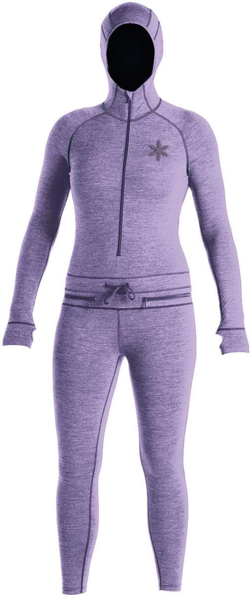 Airblaster Women's Merino Ninja Suit 2023 - Heathered purple merino wool ninja suit with a hood and zipper.